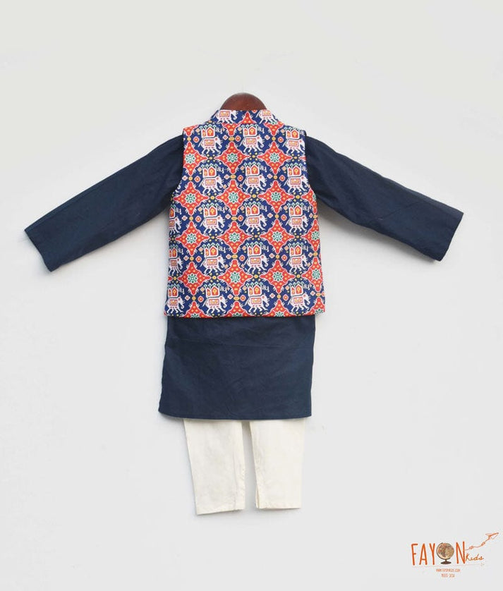 Fayon Kids Patola Print Nehru Jacket with Navy Blue Kurta Pant for Boys