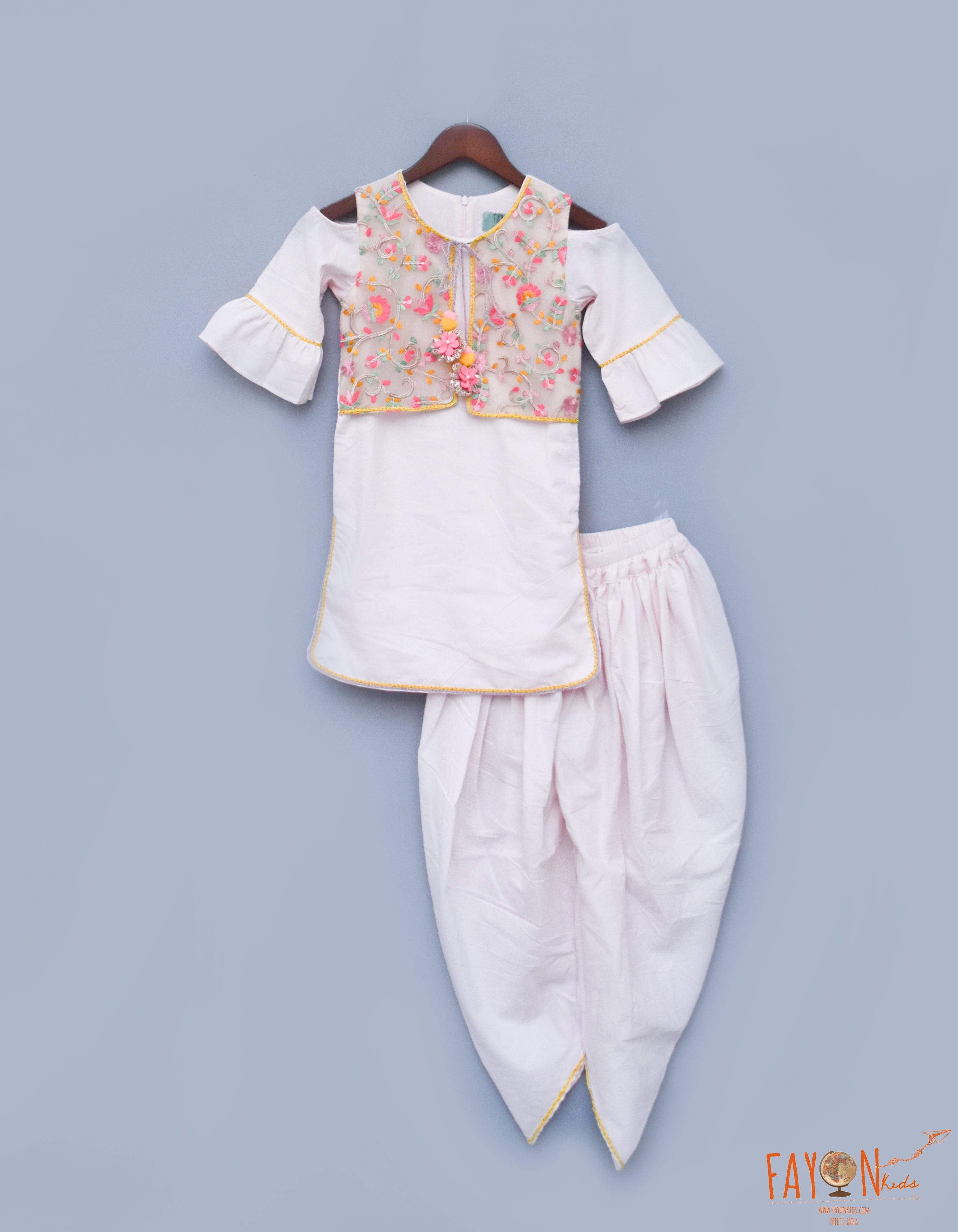 Buy Peach Foil Georgette Blue Velvet Jacket Dhoti Set for Girls Online