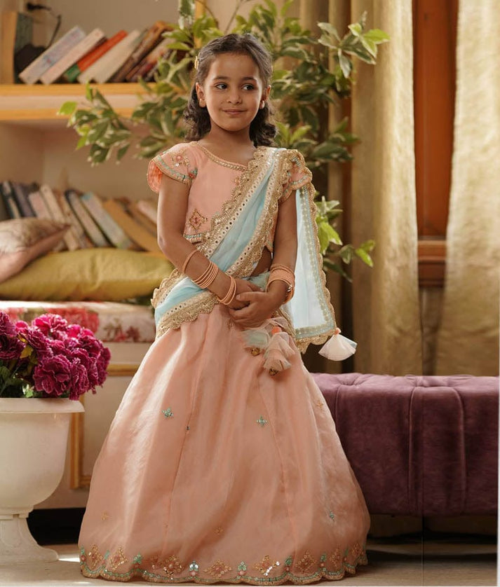 Peach Embroidery Organza Lehenga Choli and Blue Dupatta for Girls