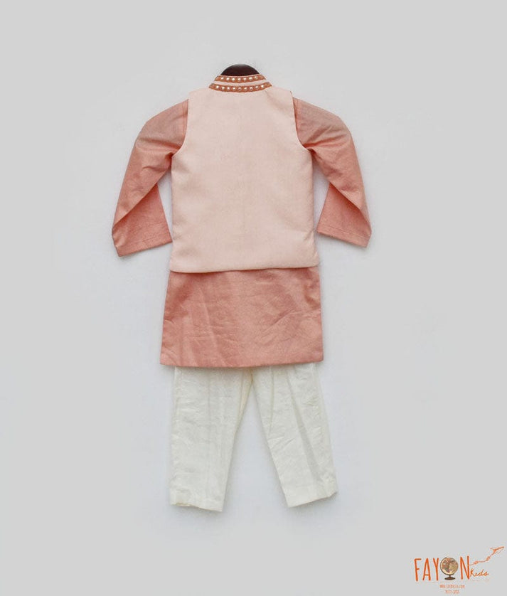 Peach Gotta Embroidery Nehru Jacket set for Boys