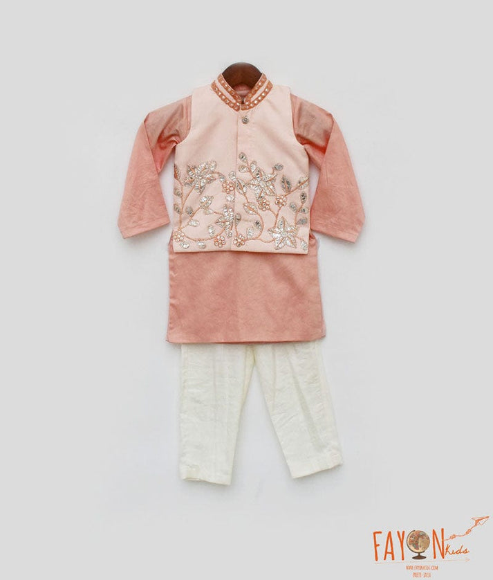 Peach Gotta Embroidery Nehru Jacket set for Boys