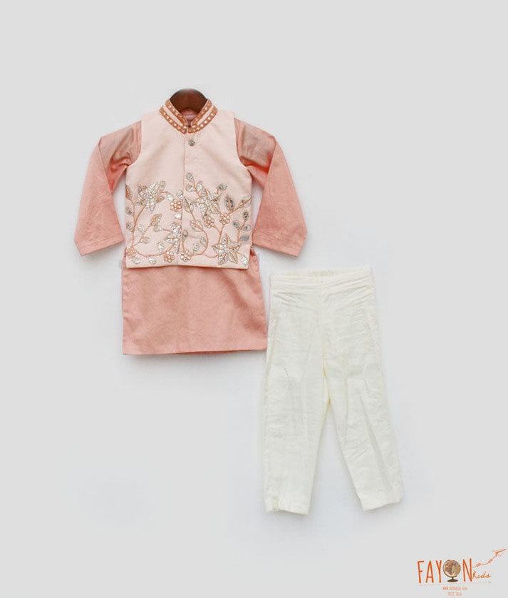 Peach Gotta Embroidery Nehru Jacket set for Boys