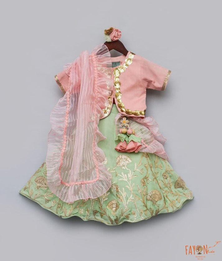 Fayon Kids Peach Green Gota Embroidery Lehenga with Choli Organza Dupatta for Girls