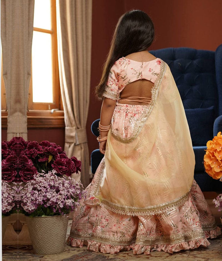 Peach Kotta Printed Lehenga Choli and Dupatta for Girls