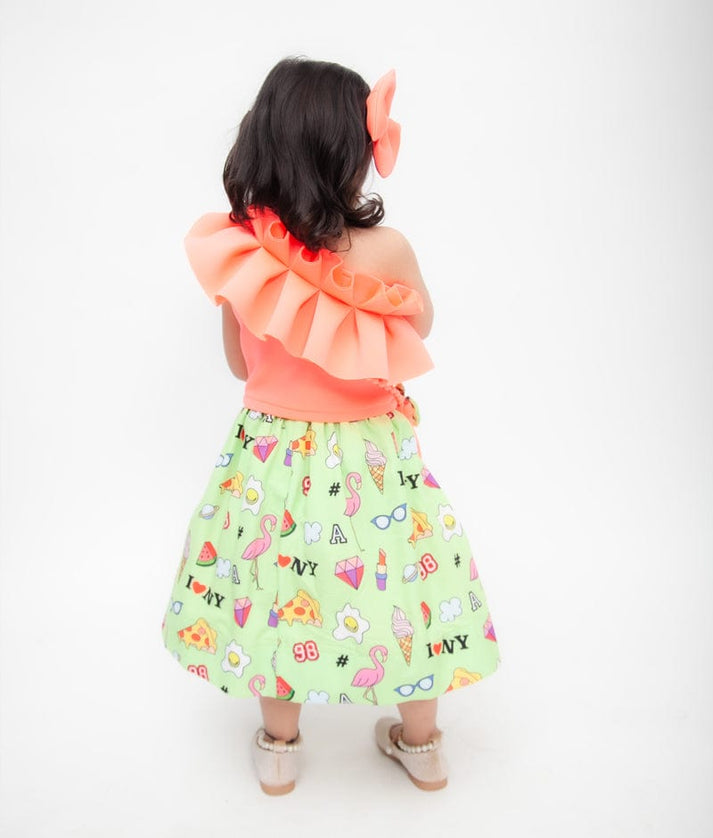 Fayon Kids Peach Neoprene Green Printed Crop Top with Skirt for Girls