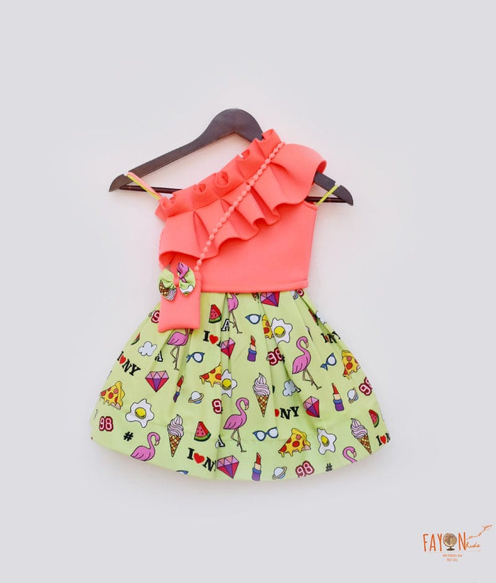 Fayon Kids Peach Neoprene Green Printed Crop Top with Skirt for Girls