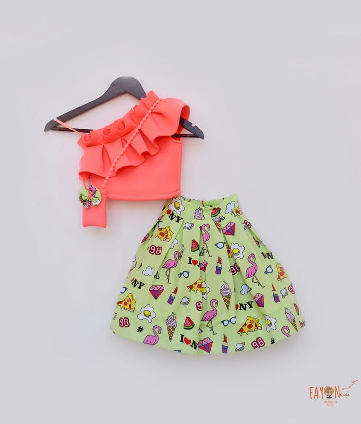 Fayon Kids Peach Neoprene Green Printed Crop Top with Skirt for Girls