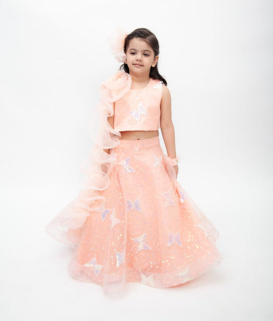 Fayon Kids Peach Net Embroidery Lehenga with Choli Drape for Girls