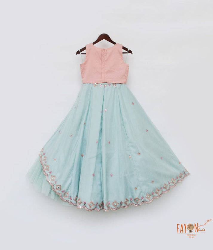 Fayon Kids Peach Sequins Blue Organza and Net Lehenga with Choli for Girls