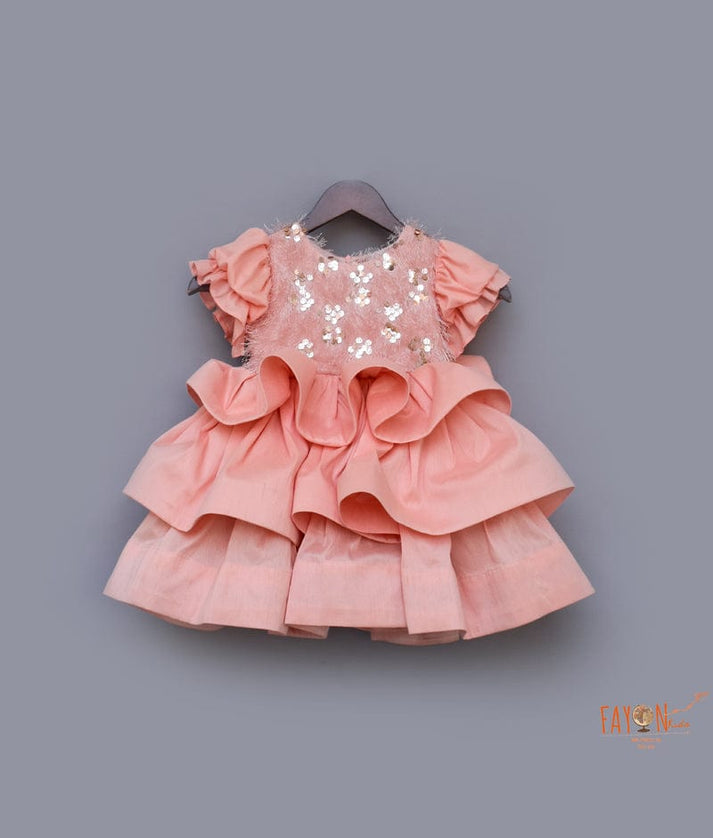 Fayon Kids Peach Sequins Tassel Frock for Girls