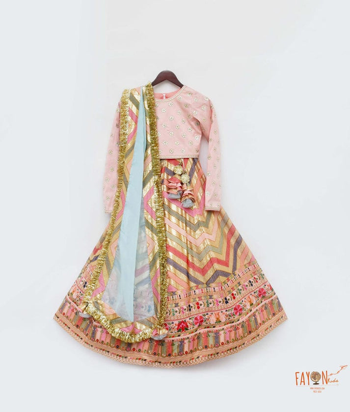 Fayon Kids Peach Silk Flower Boti Embroidery Lehenga with Choli Organza Dupatta for Girls