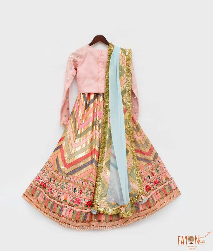 Fayon Kids Peach Silk Flower Boti Embroidery Lehenga with Choli Organza Dupatta for Girls