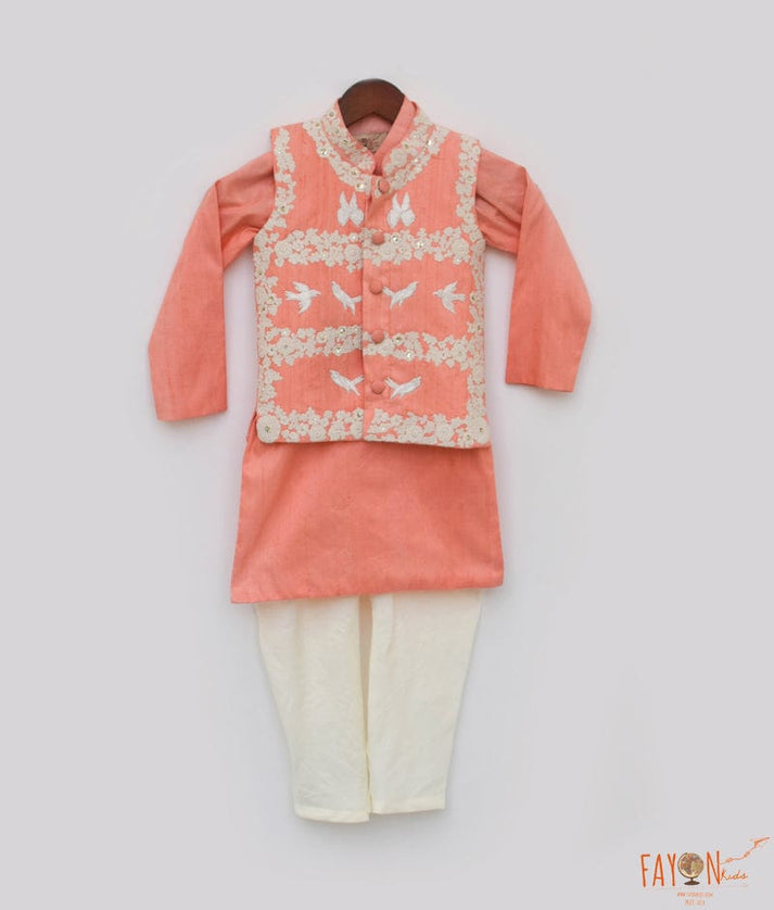 Peach Silk Kurta Jacket and Chudidar for Boys