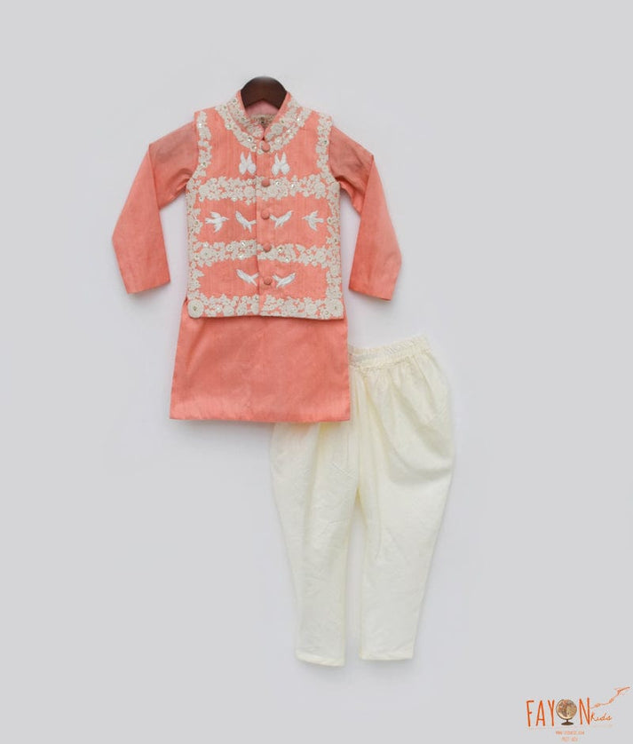 Peach Silk Kurta Jacket and Chudidar for Boys