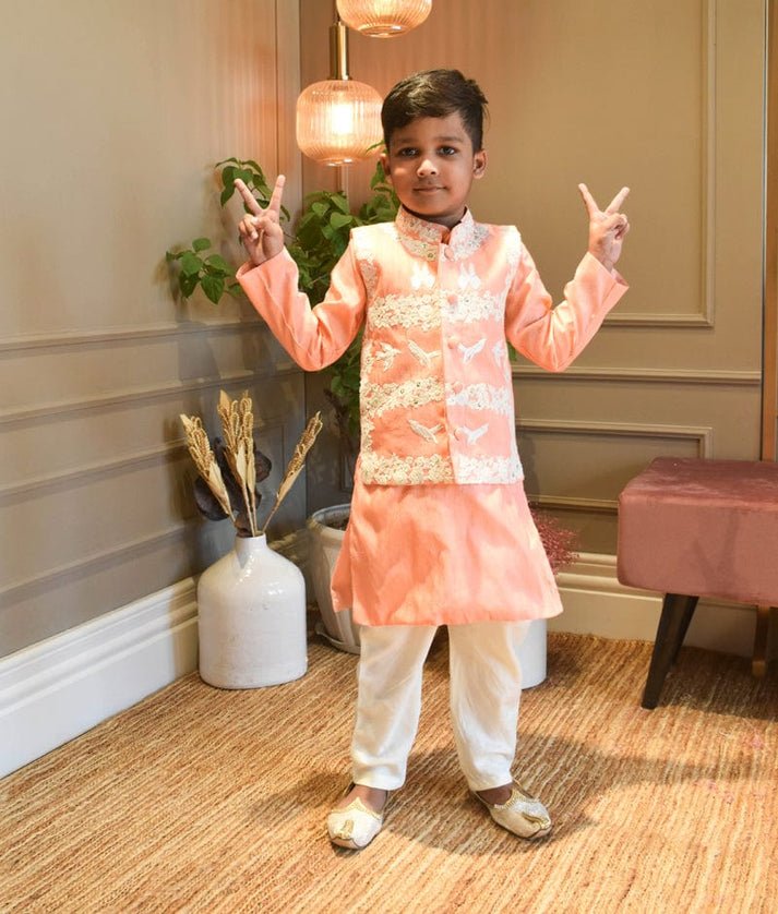 Peach Silk Kurta Jacket and Chudidar for Boys