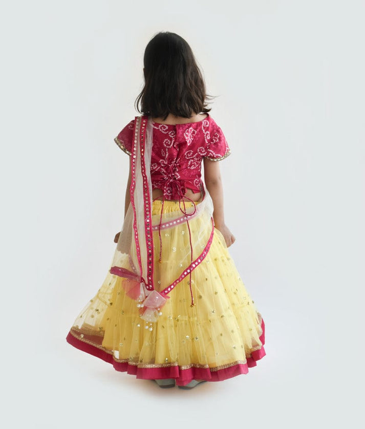 Fayon Kids Pink and Yellow Cotton Net Boti Lehenga with Choli and Dupatta Set for Girls