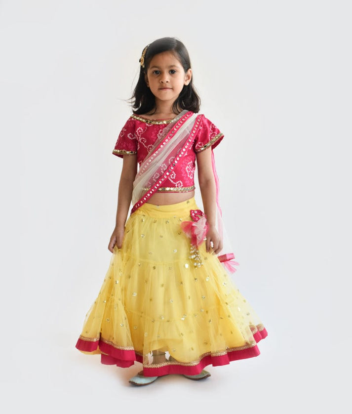 Fayon Kids Pink Cotton Yellow Boti Net Lehenga with Choli Boti Net Dupatta for Girls