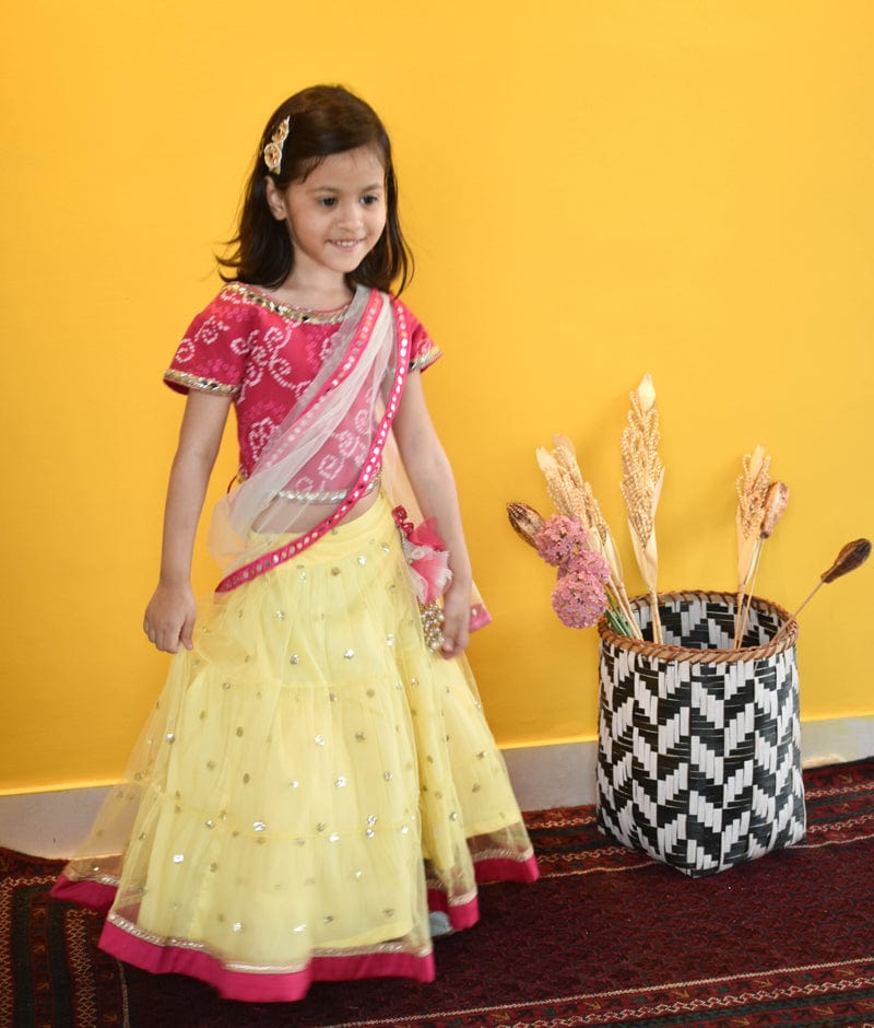 Yellow And Pink Georgette Chikankari Embellished Lehenga Set with Tassels |  lovelyweddingmall.com
