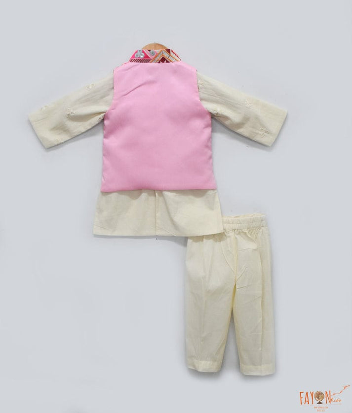 Pink Embroidery Jacket and Off white Kurta Pant for Boys