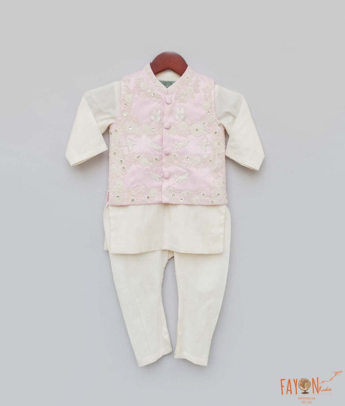 Fayon Kids Pink Embroidery Nehru Jacket with Off white Kurta Chudidar for Boys