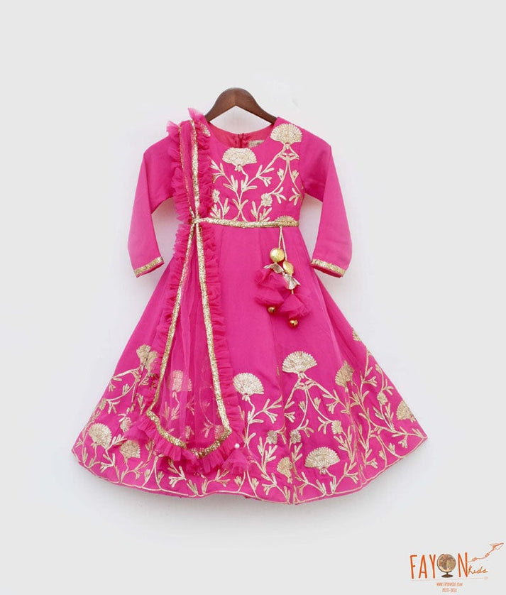 Fayon Kids Pink Gota Embroidery Anarkali with Frill Dupatta for Girls