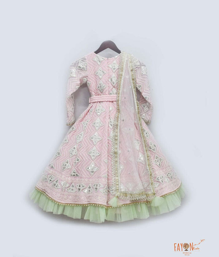 Fayon Kids Pink Gota Green Net Frill Embroidery Anarkali with Net Dupatta for Girls