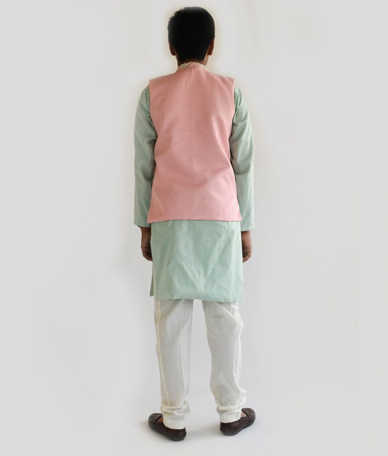 Pink and Pearl White Shaded Kurta Pajama Set in Silk Along with Jacket