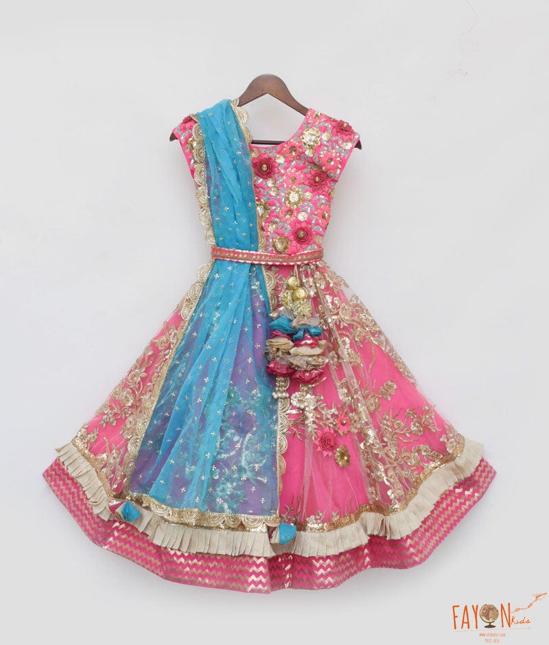 Kids Lehenga: Girls Blue Lehenga With Pink Choli And Mirror Boti Dupatta |  Perfect Panache