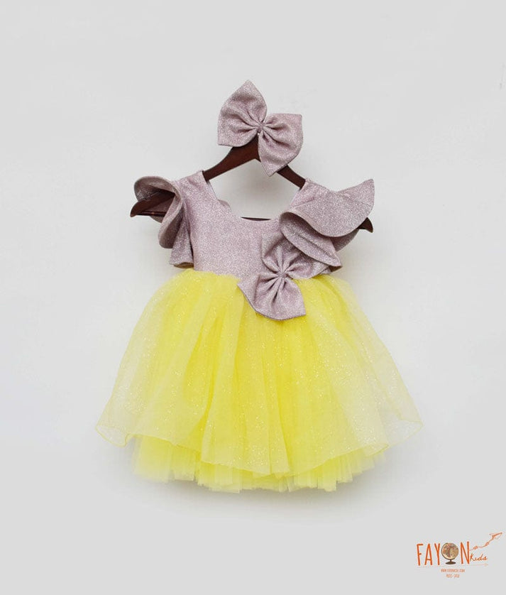 Fayon Kids Pink Shimmer Yellow Glitter Net Frock for Girls