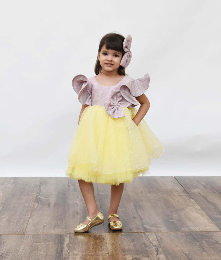 Fayon Kids Pink Shimmer Yellow Glitter Net Frock for Girls