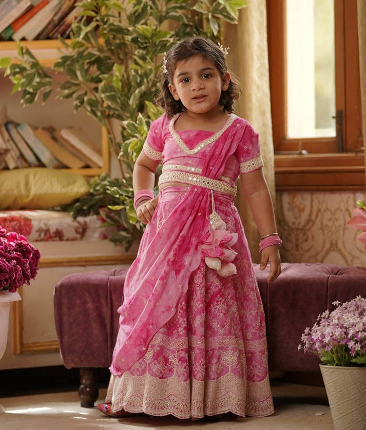 Pink Tie and Dye Lehenga Choli and Dupatta for Girls