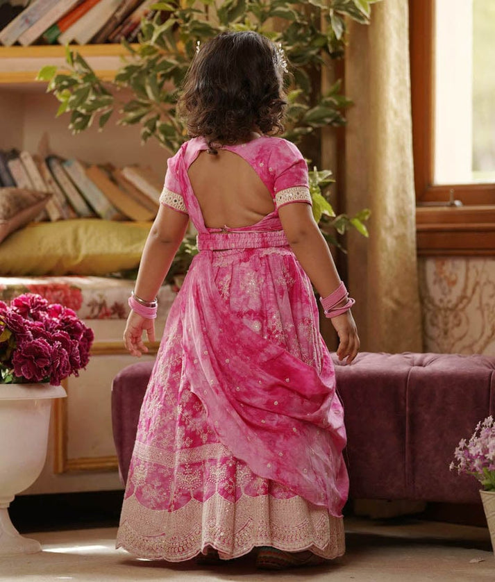 Pink Tie and Dye Lehenga Choli and Dupatta for Girls