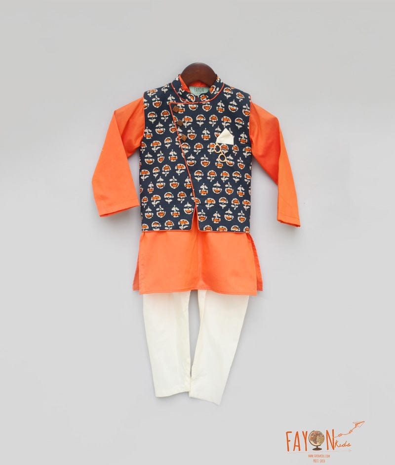 Buy Men's Cotton Blend Orange & Off White Printed Nehru Jacket - Sojanya  Online at Best Price | Trendia