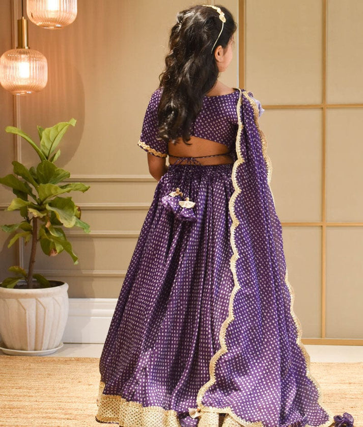 Purple Bandhej Lehenga Choli and Dupatta for Girls