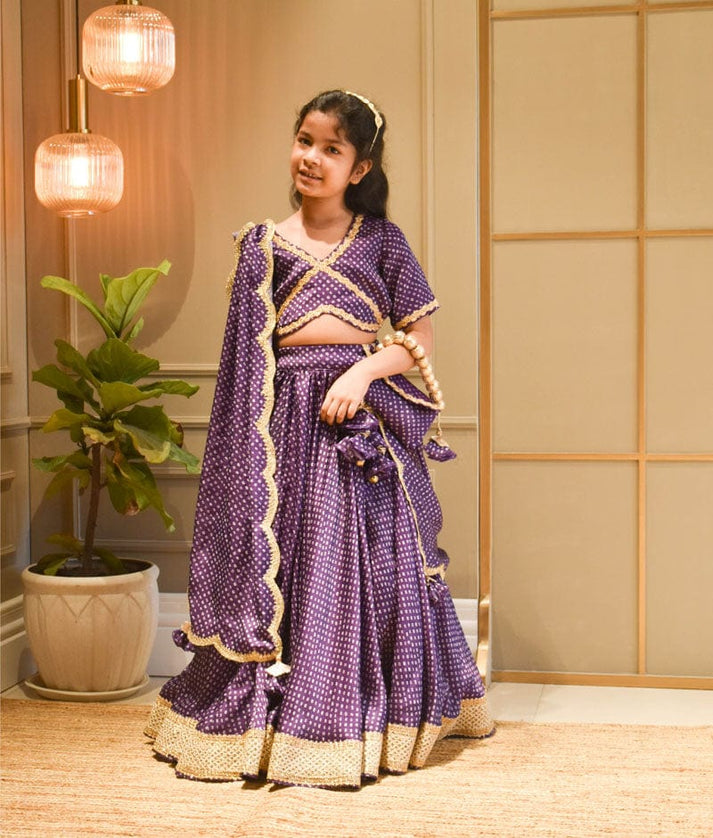 Purple Bandhej Lehenga Choli and Dupatta for Girls