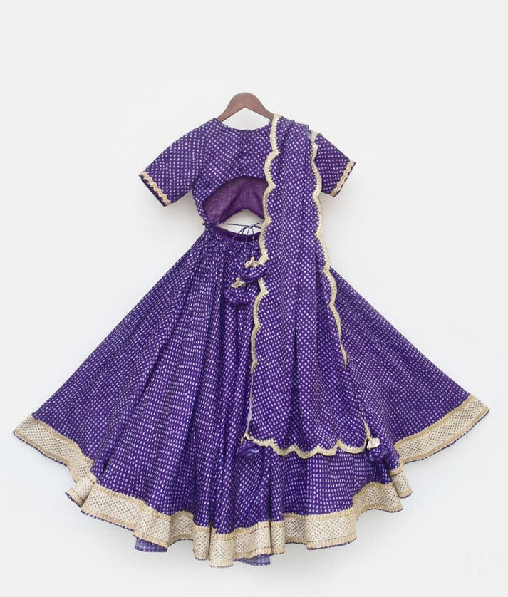 Purple Bandhej Lehenga Choli and Dupatta for Girls