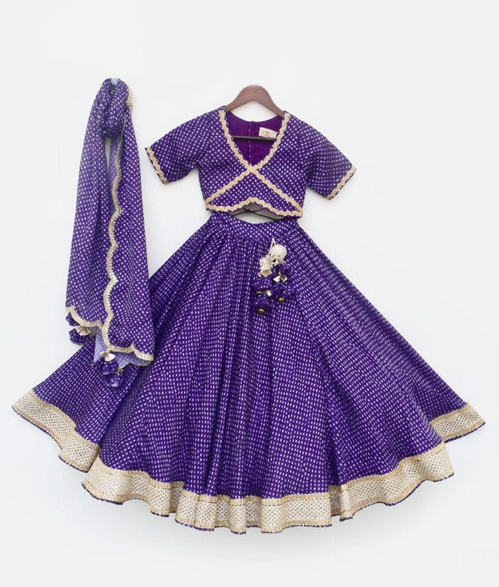 Purple Bandhej Lehenga Choli and Dupatta for Girls