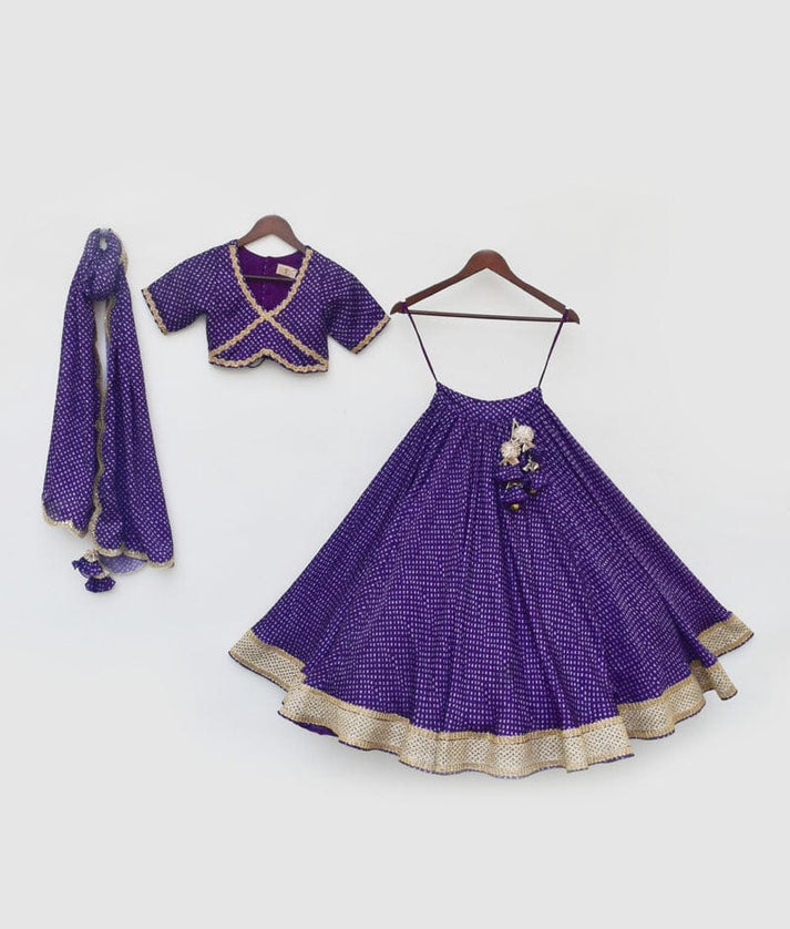 Purple Bandhej Lehenga Choli and Dupatta for Girls