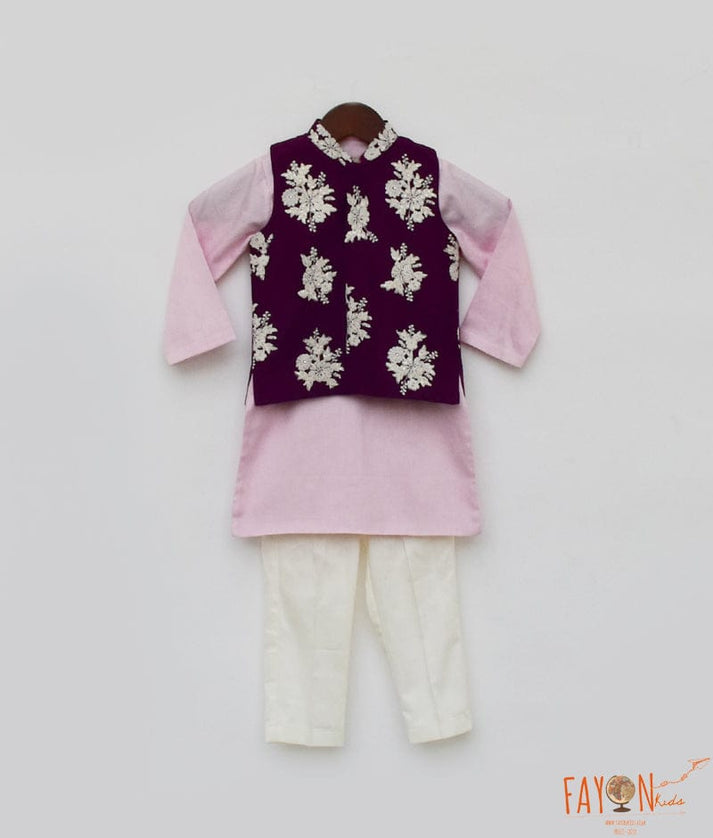 Fayon Kids Purple Embroidery Nehru Jacket set for Boys