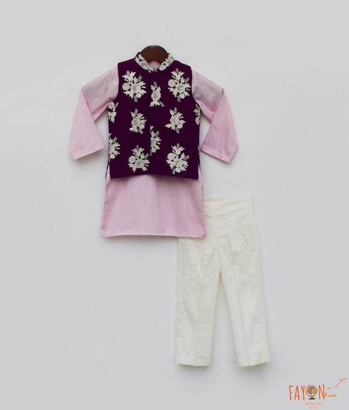 Fayon Kids Purple Embroidery Nehru Jacket set for Boys