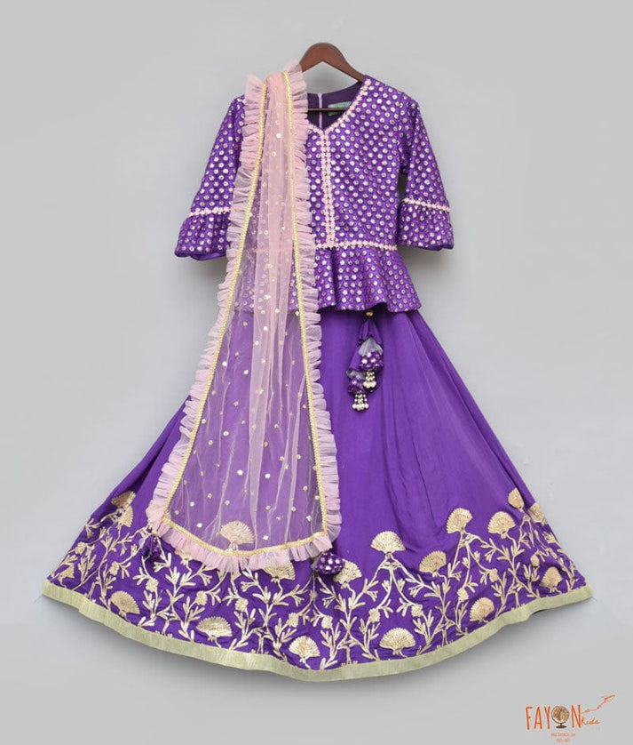 Fayon Kids Purple Embroidery Purple Gota Lehenga with Peplum Choli Boti Net Dupatta for Girls