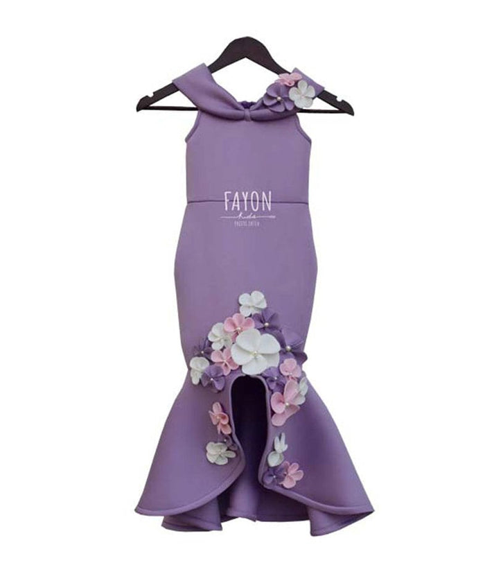 Fayon Kids Purple Lycra Fish Cut Dress with Flowers for Girls