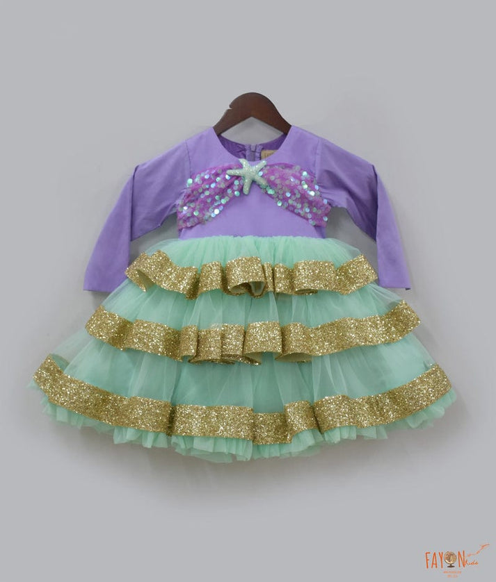 Fayon Kids Purple Silk Aqua Green Net Frock for Girls