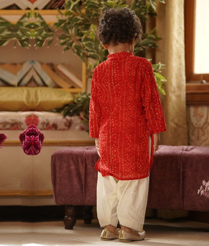 Fayon Kids Red Bandhej Kurta Off white Salwar for Boys