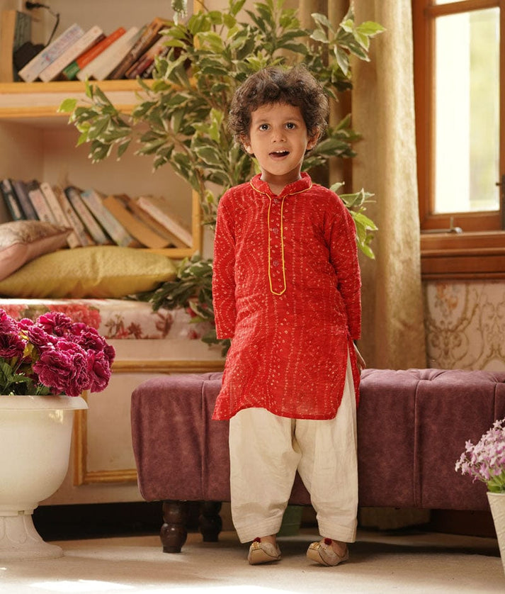 Fayon Kids Red Bandhej Kurta Off white Salwar for Boys