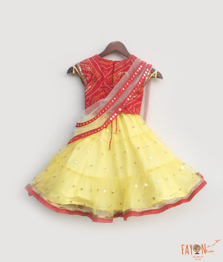 Fayon Kids Red Bandhej Yellow Boti Net Lehenga with Choli Boti Net Dupatta for Girls