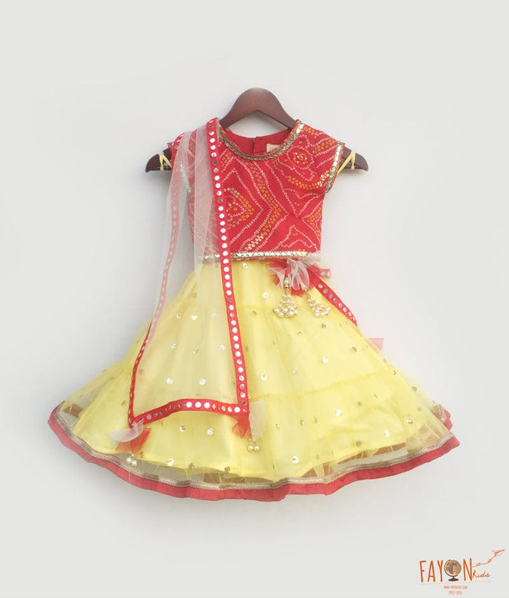 Fayon Kids Red Bandhej Yellow Boti Net Lehenga with Choli Boti Net Dupatta for Girls