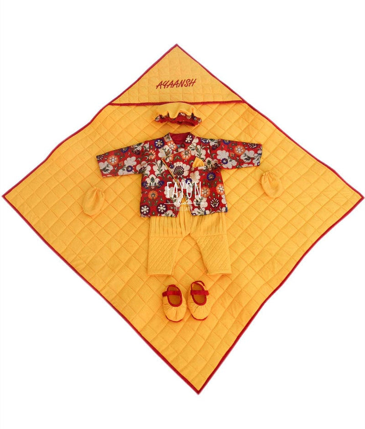 Fayon Kids Red Brocade Ajkan Yellow Pant Jamna Set for Boys