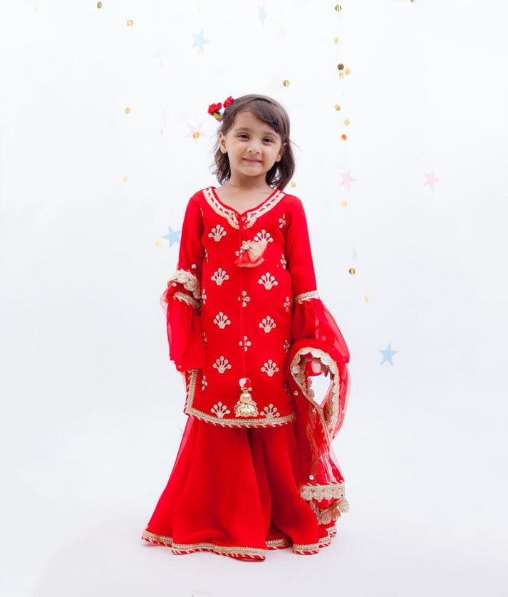 Fayon Kids Red Embroidery Red Georgette Sharara with Kurti Boti Net Dupatta for Girls