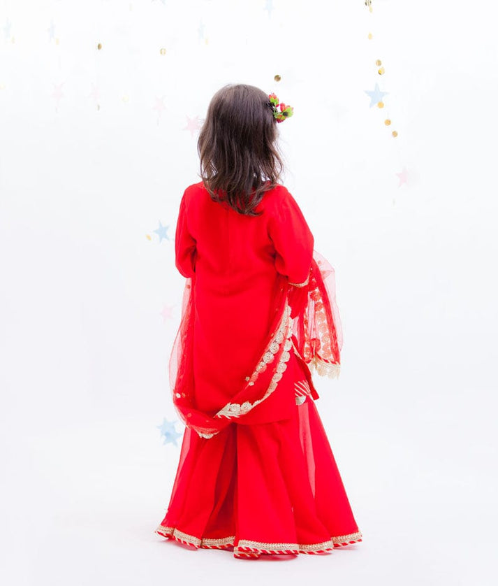 Fayon Kids Red Embroidery Red Georgette Sharara with Kurti Boti Net Dupatta for Girls